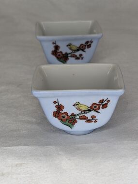 White Porcelain Bird & Blossom Square Bowls - Set of 2